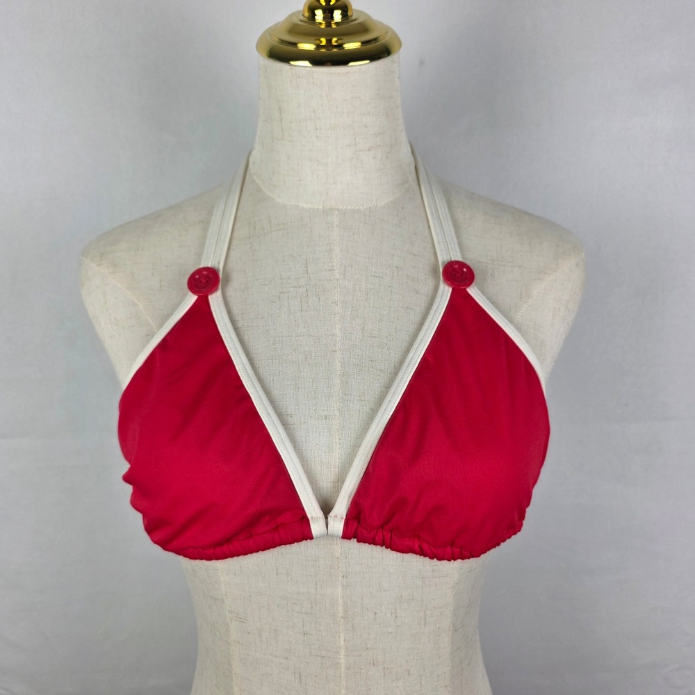 DKNY Red Halter Triangle Bikini Top White Trim Button Detail Womens